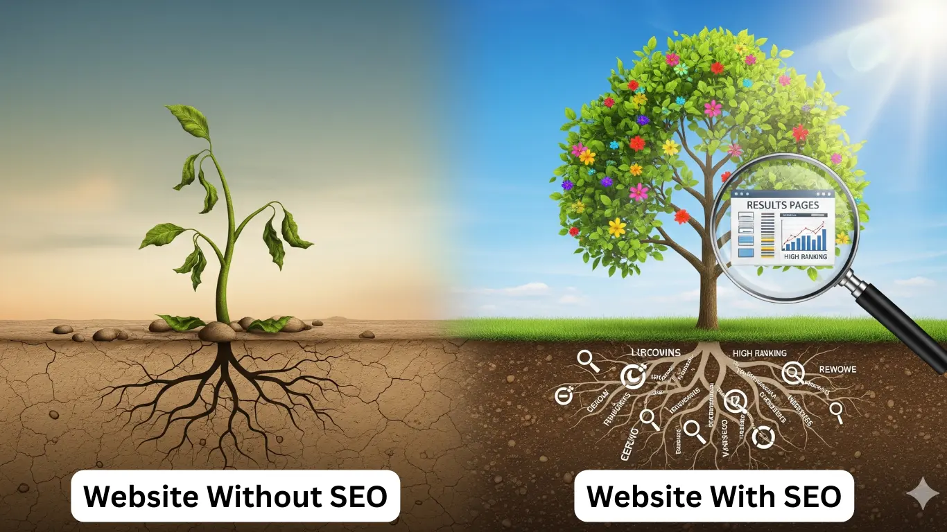Illustration showing how SEO improves website traffic, visibility, and Google rankings